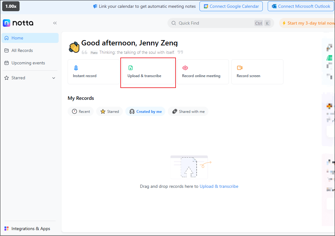 Click the Upload & transcribe option in Notta