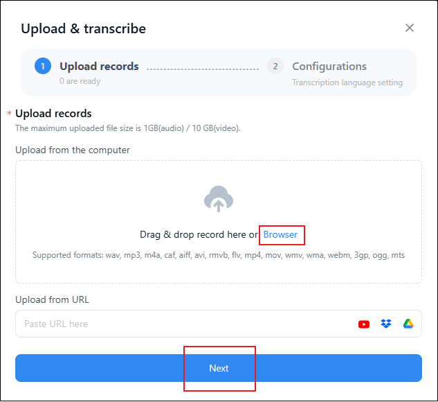 Click Browser to import the target file to Notta and click Next