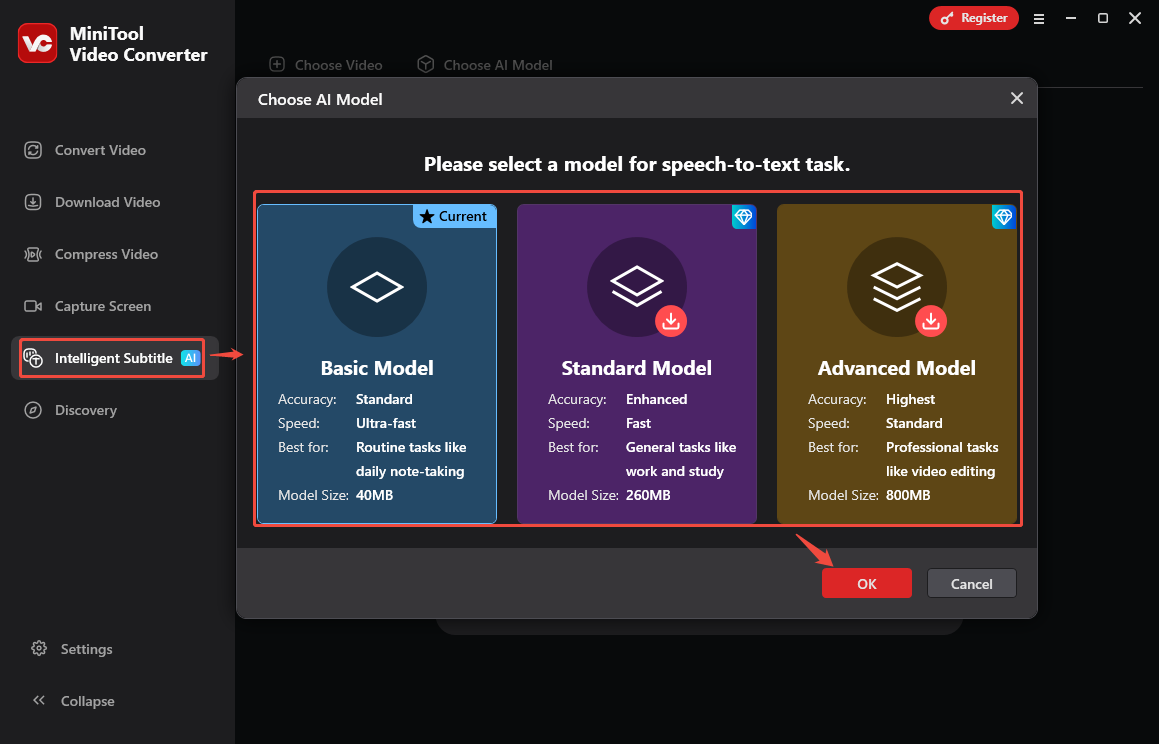 Go to Intelligent Subtitle and choose an AI model in MiniTool Video Converter