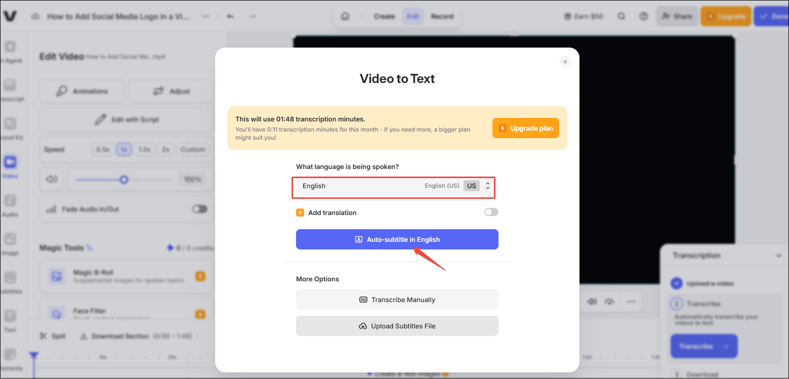 Select the language to create auto-subtitles in VEED.IO
