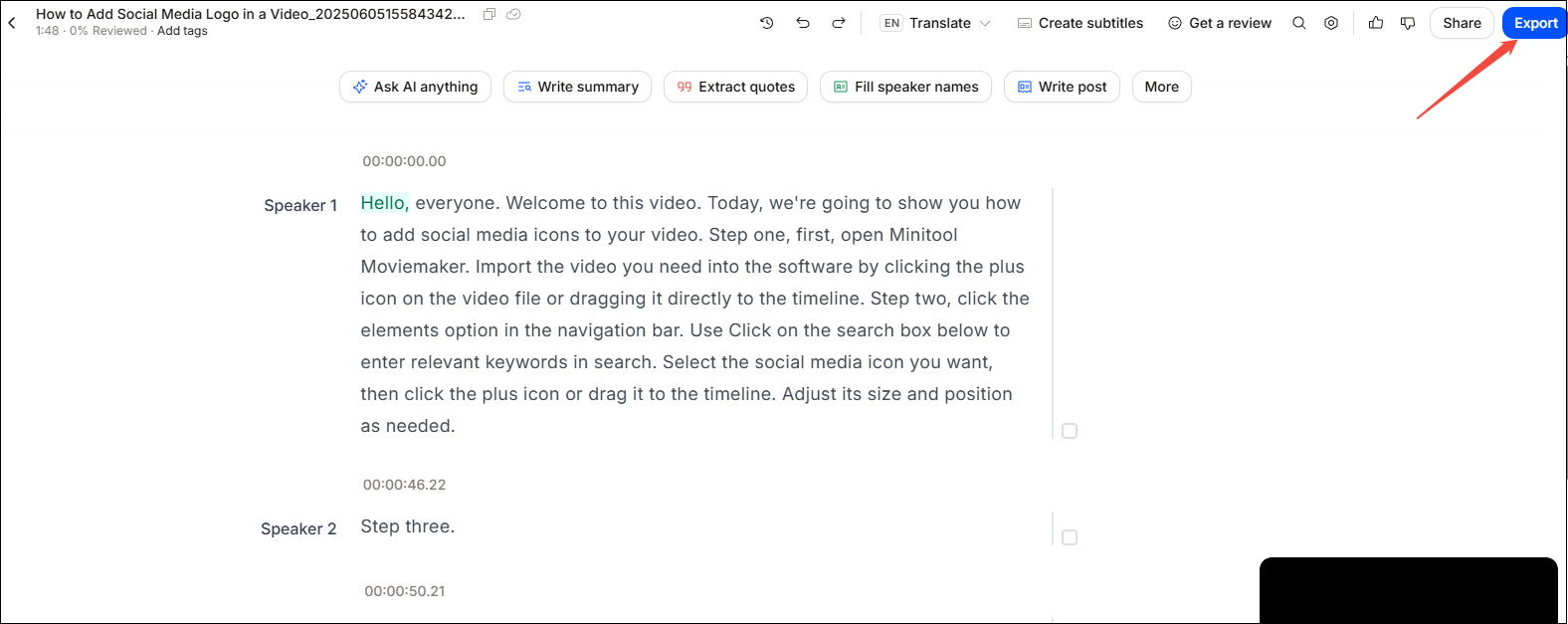 Click on Export to download the transcriptions in HappyScribe