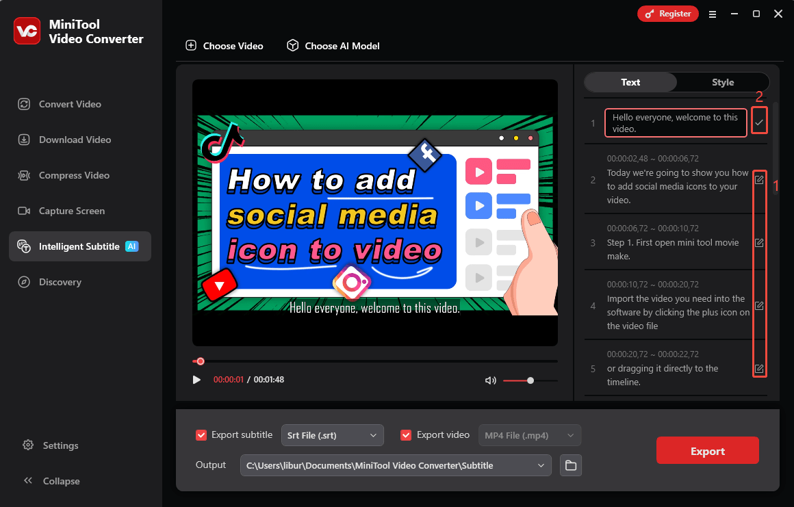 Click on Edit to edit the subtitle and click on the Check icon to save in MiniTool Video Converter