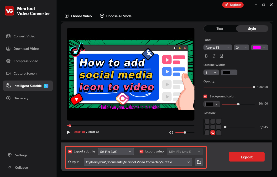 Choose export subtitle format, save path, and whether to save video in MiniTool Video Converter
