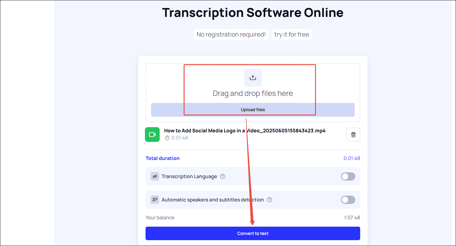 Upload the video and click on Convert to text to generate subtitles in Any2Text