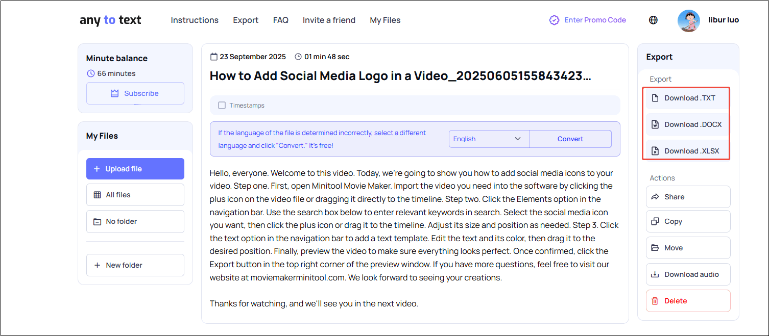 Choose an output subtitle format to download under Export