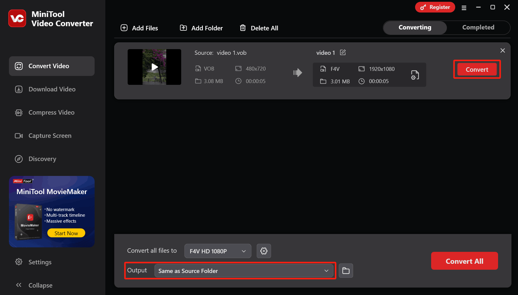 einen Speicherpfad aus dem Dropdown-Menü „Ausgabe“ auswählen und auf „Konvertieren“ klicken