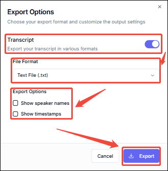 Configure the transcription settings and click the Export button in UniScribe to start the export process