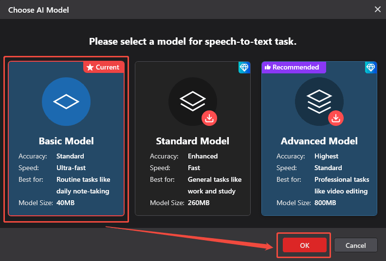 Choose Basic Model and click the OK button in the Choose AI Model window of MiniTool Video Converter to save the settings