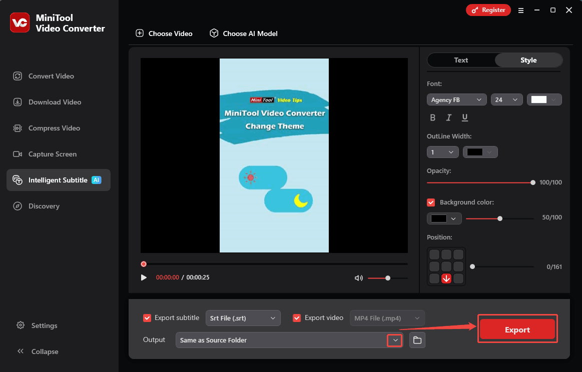 Choose a storage path and click the Export button in the Intelligence Subtitle tab to start the export process