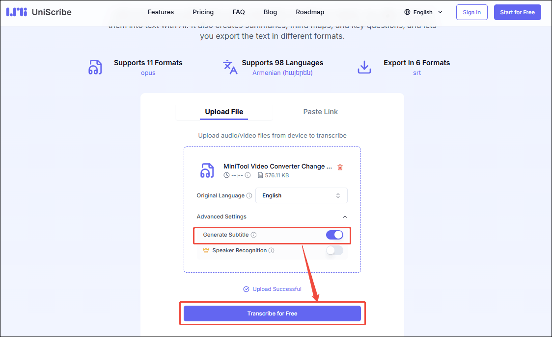 Enable the Generate subtitle option and click the Transcribe for free button in UniScribe to save the choice