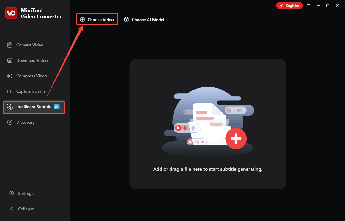 Click Choose Video option under the Intelligent Subtitle module in MiniTool Video Converter to trigger the Choose AI Model window
