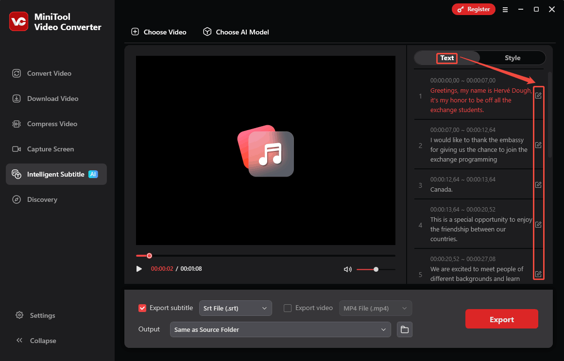 Click on the Edit icon in the Text module of MiniTool Video Converter to edit your captions