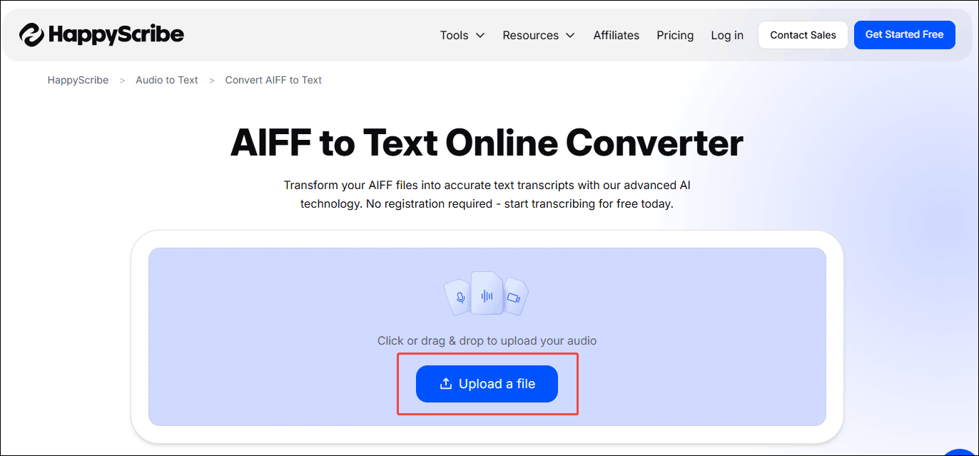 Click the Upload a file option in HappyScribe to import your AIFF audio