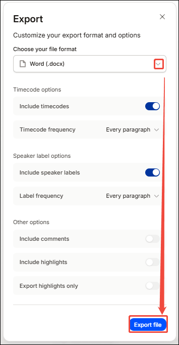 Choose a file format and click the Export file in the HappyScribe to start the export process