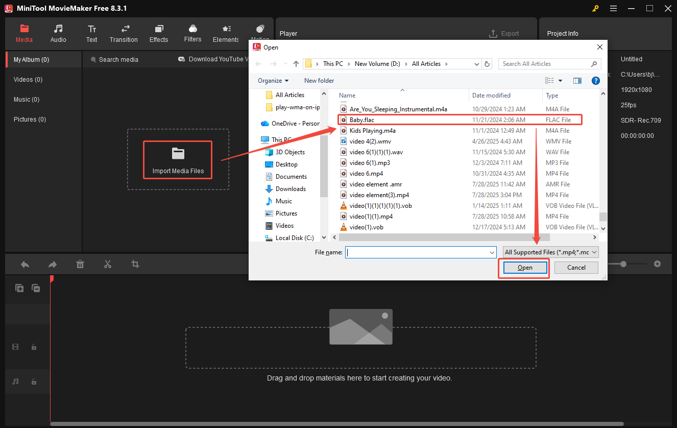 Click on Import Media Files in MiniTool MovieMaker to import the FLAC file
