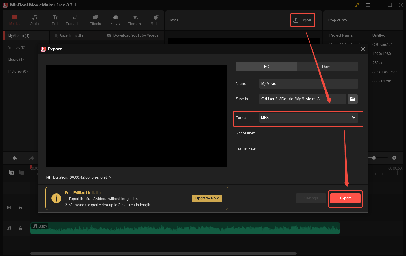 Configure the output settings and click on Export in MiniTool MovieMaker to save the converted file