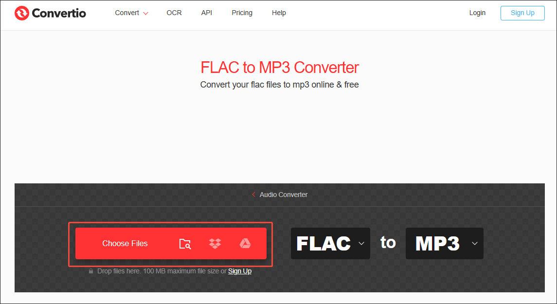 Click on Choose Files in Convertio to import the FLAC files
