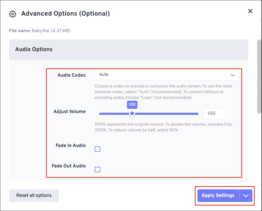 The Advanced Options window in FreeConvert