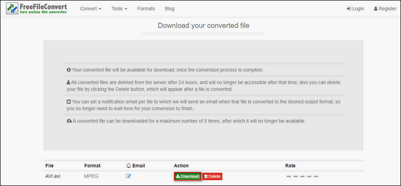FreeFileConvertでAVIをMPEGに変換する