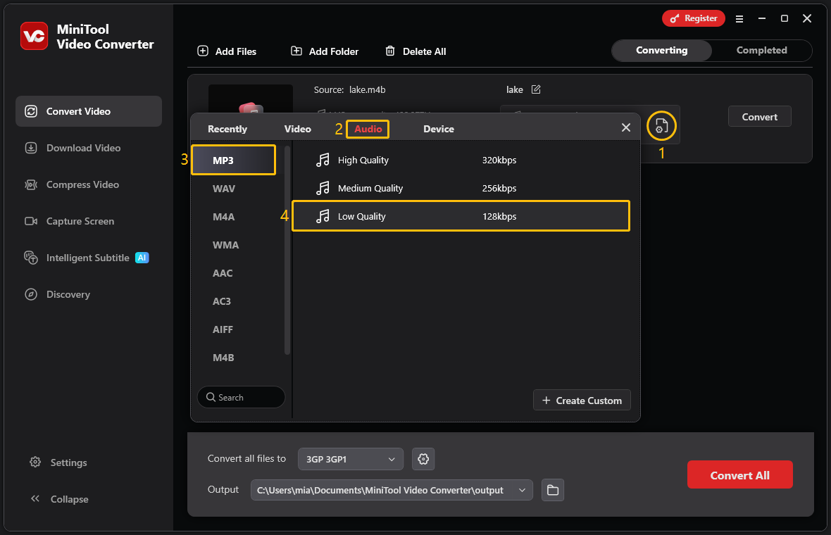 MiniTool Video Converter interface showing how to choose the output format