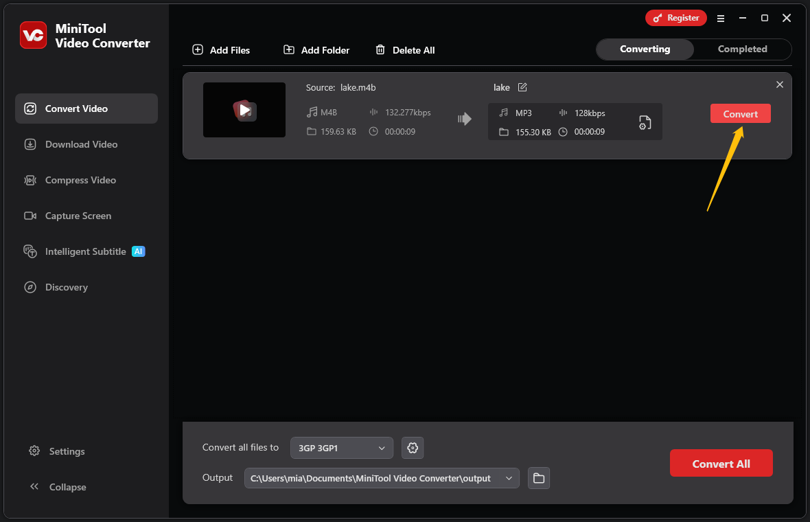 MiniTool Video Converter interface shows the Convert button pointed by an arrow