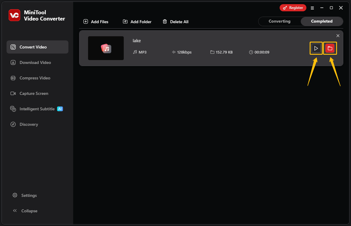 MiniTool Video Converter interface shows the play icon and folder icon highlighted