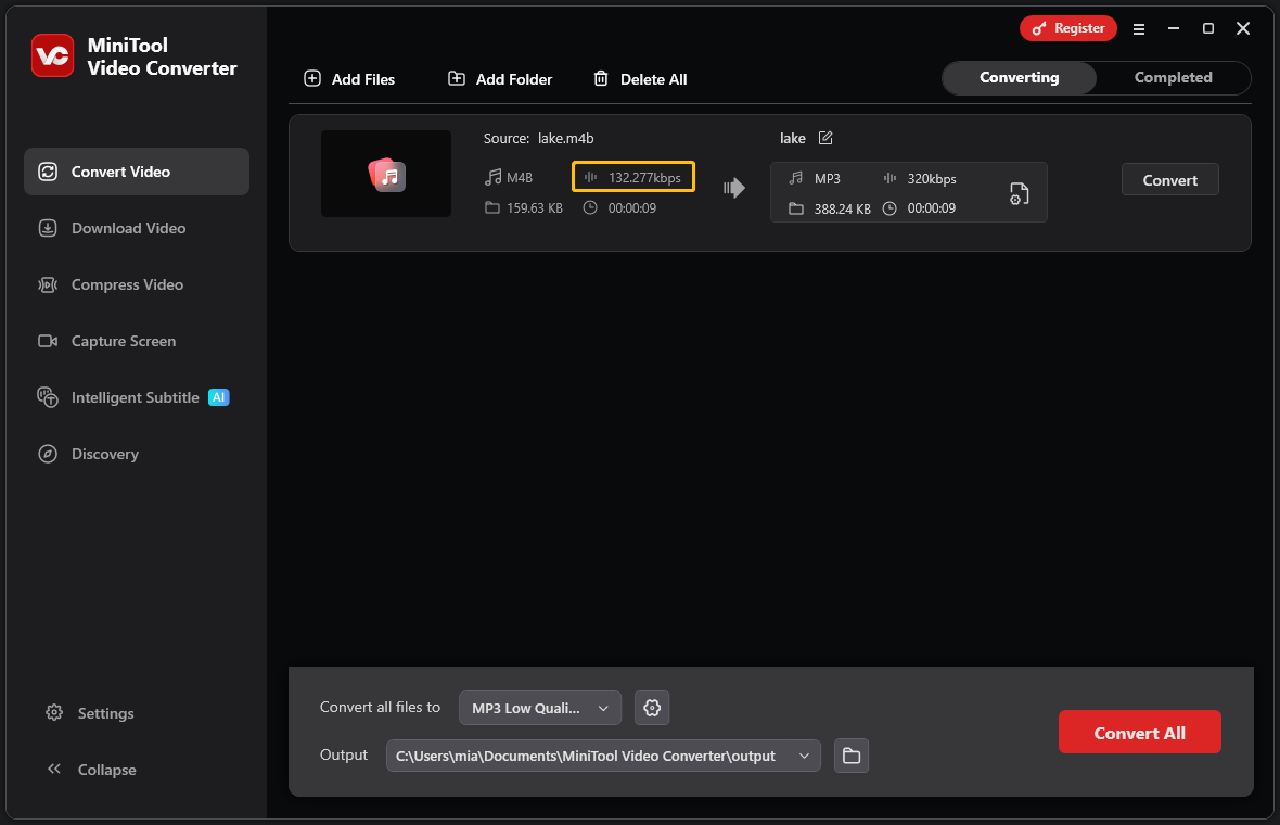 MiniTool Video Converter interface showing the convert task with the bitrate