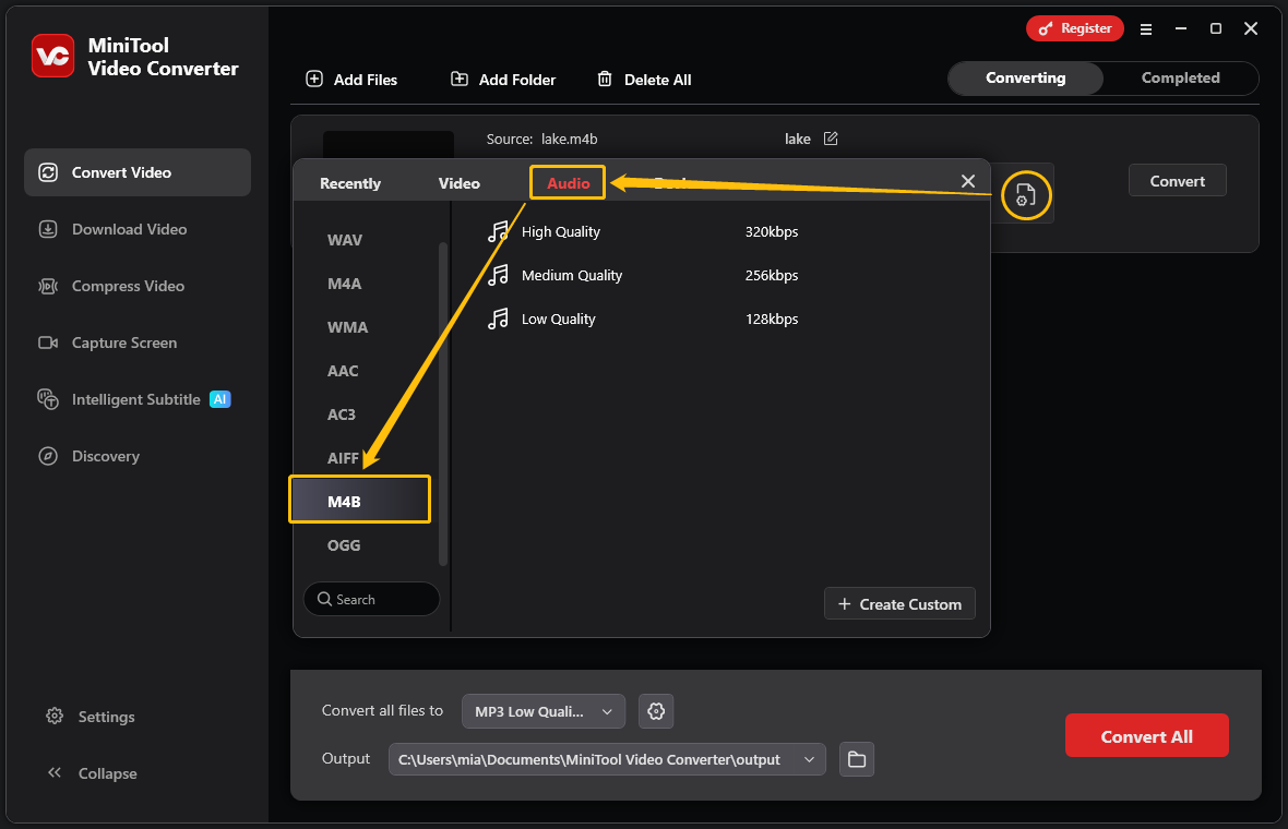 MiniTool Video Converter interface showing how to choose the output format