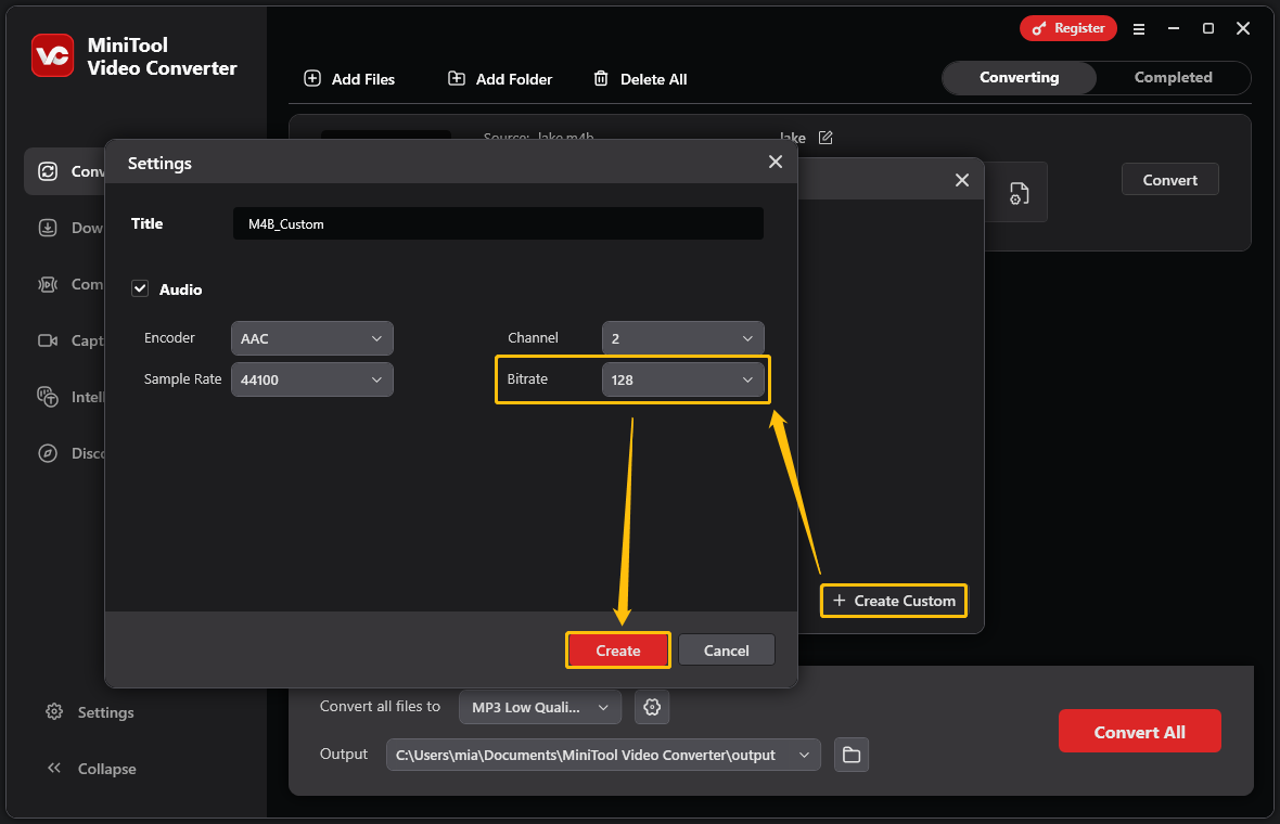 MiniTool Video Converter interface showing how to change the audio file’s bitrate