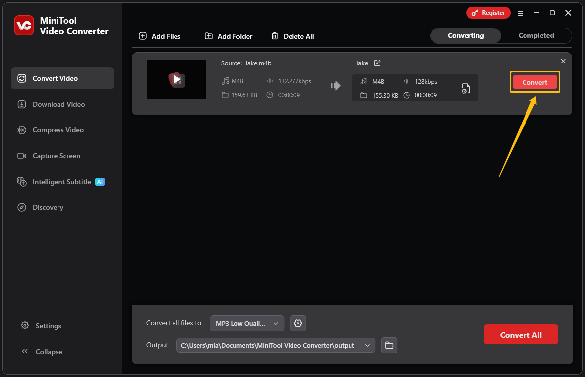 MiniTool Video Converter interface with the Convert button highlighted