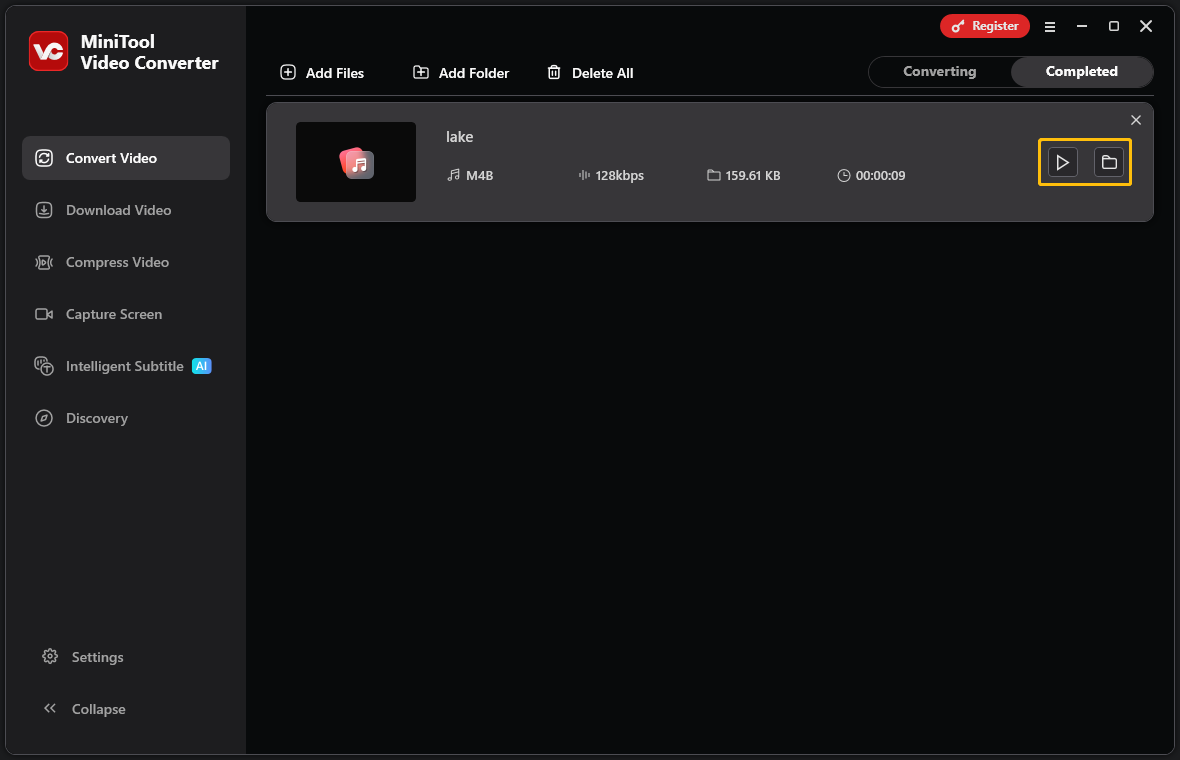 MiniTool Video Converter’s completed conversion task with the play icon and folder icon highlighted