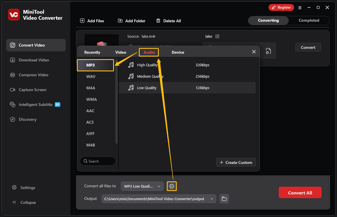 MiniTool Video Converter’s output format choosing window