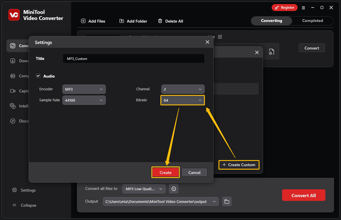 MiniTool Video Converter’s interface showing how to choose the bitrate of the file