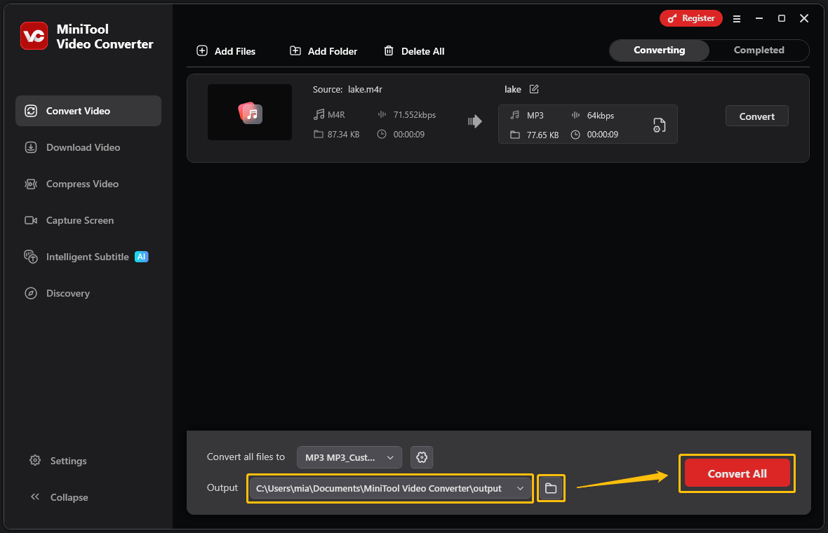 MiniTool Video Converter’s interface with the Output option, folder icon, and Convert All button highlighted