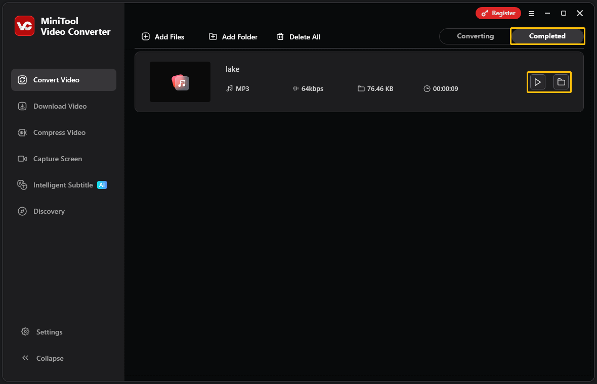 MiniTool Video Converter’s Completed interface with the play icon and the folder icon highlighted