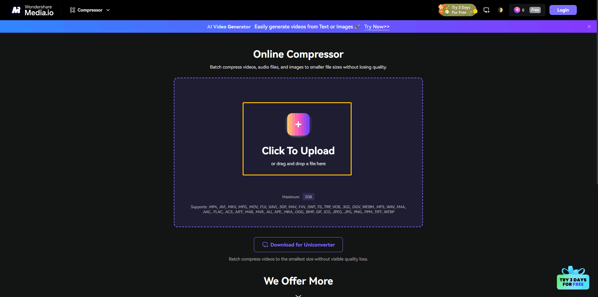 Page of Meida.io’s Online Compressor with the Click To Upload option highlighted
