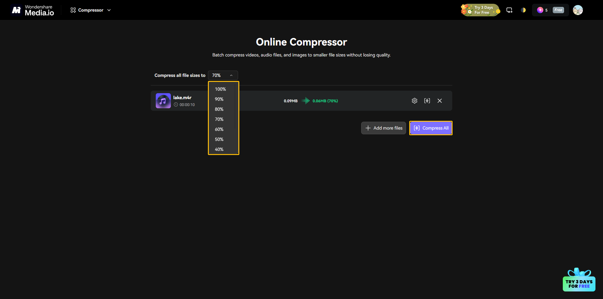 Page of Meida.io’s Online Compressor with the compression percentage and the Compress All button highlighted