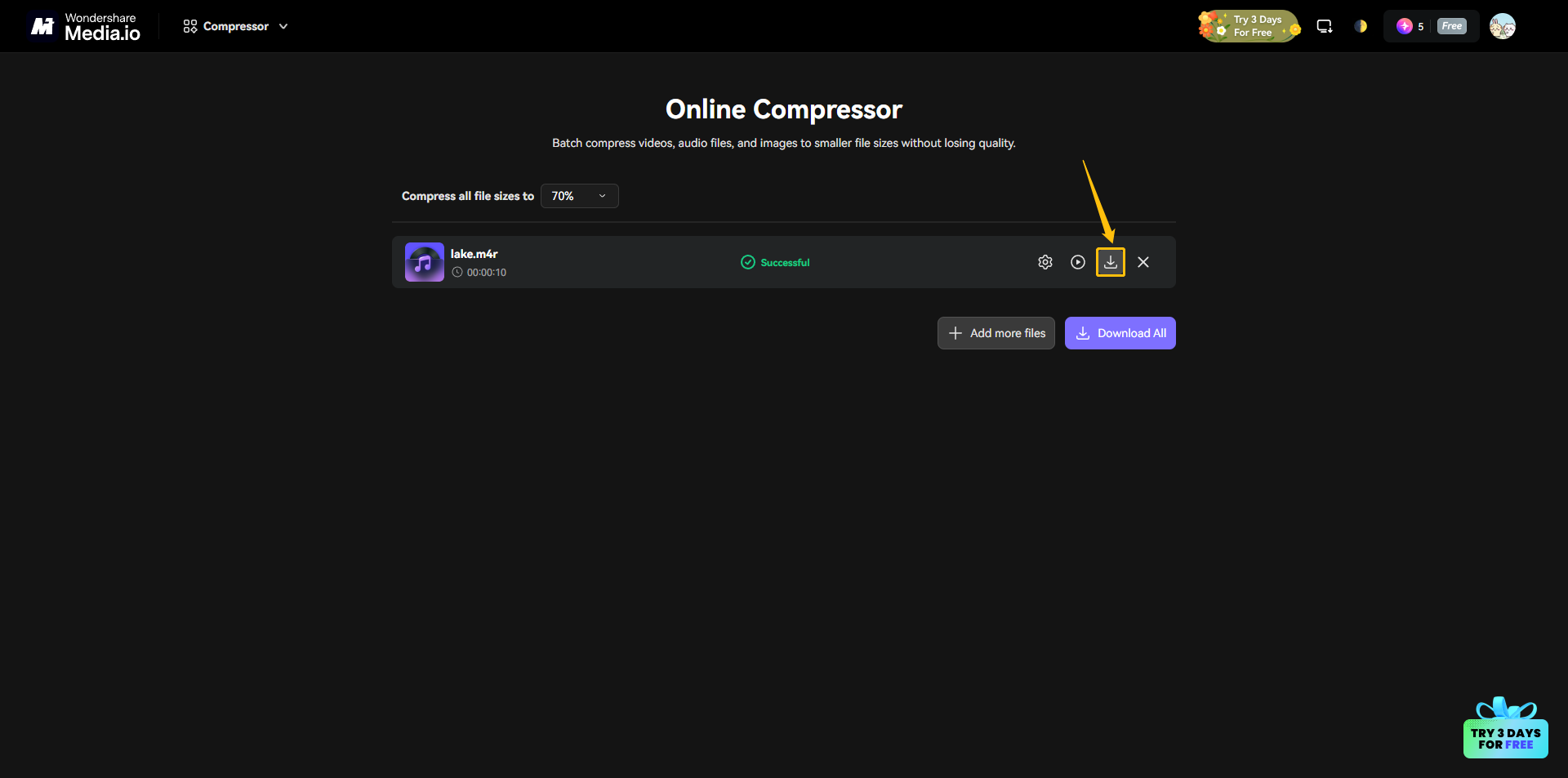 Page of Meida.io’s Online Compressor with the download icon highlighted