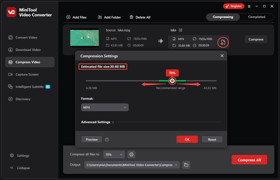 Screenshot of MiniTool Video Converter showing compression settings for a video file