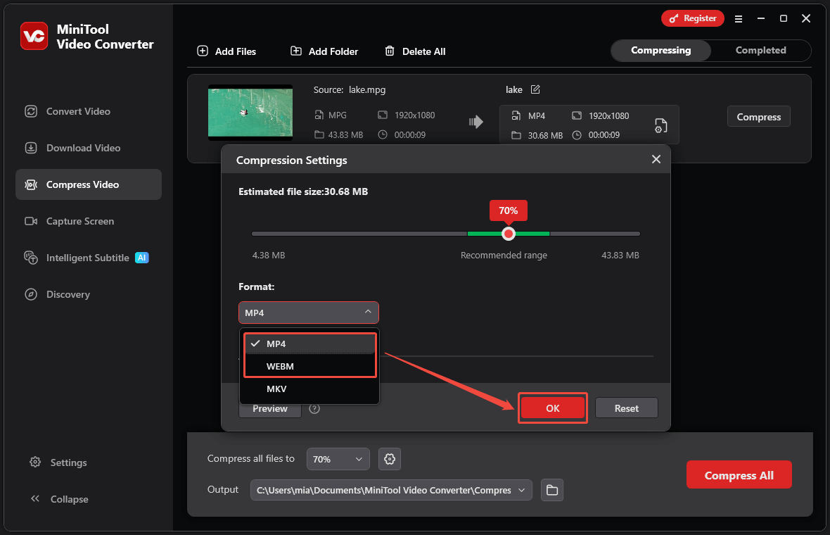 Screenshot of MiniTool Video Converter with the Compression Settings window open, showing the option to select the output format as MP4 or WebM