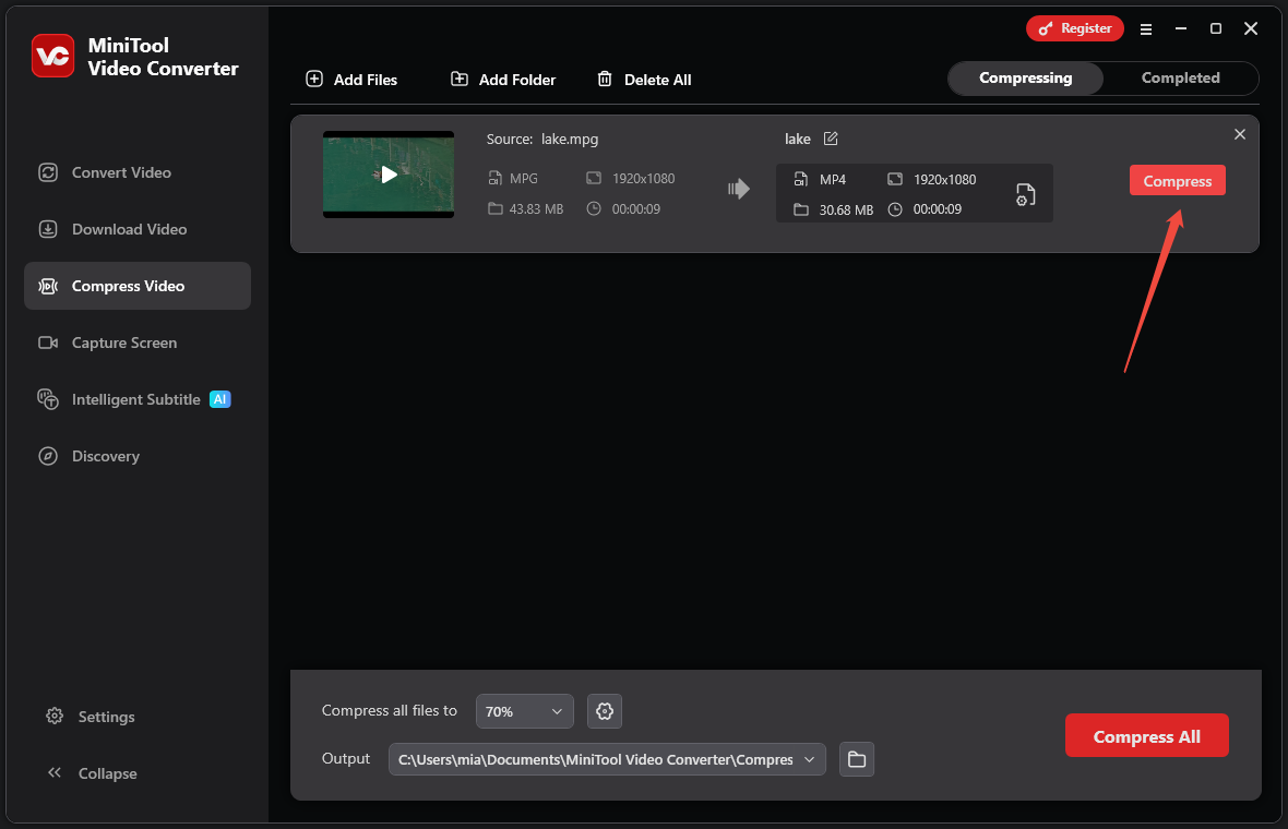 Screenshot of MiniTool Video Converter with a video file selected for compression, showing the Compress button highlighted