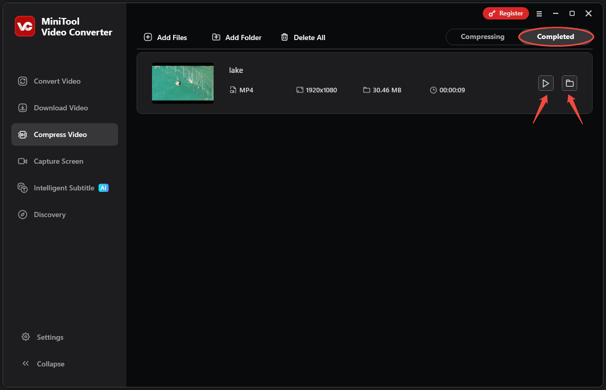 Screenshot of MiniTool Video Converter showing how to play and locate the compressed video
