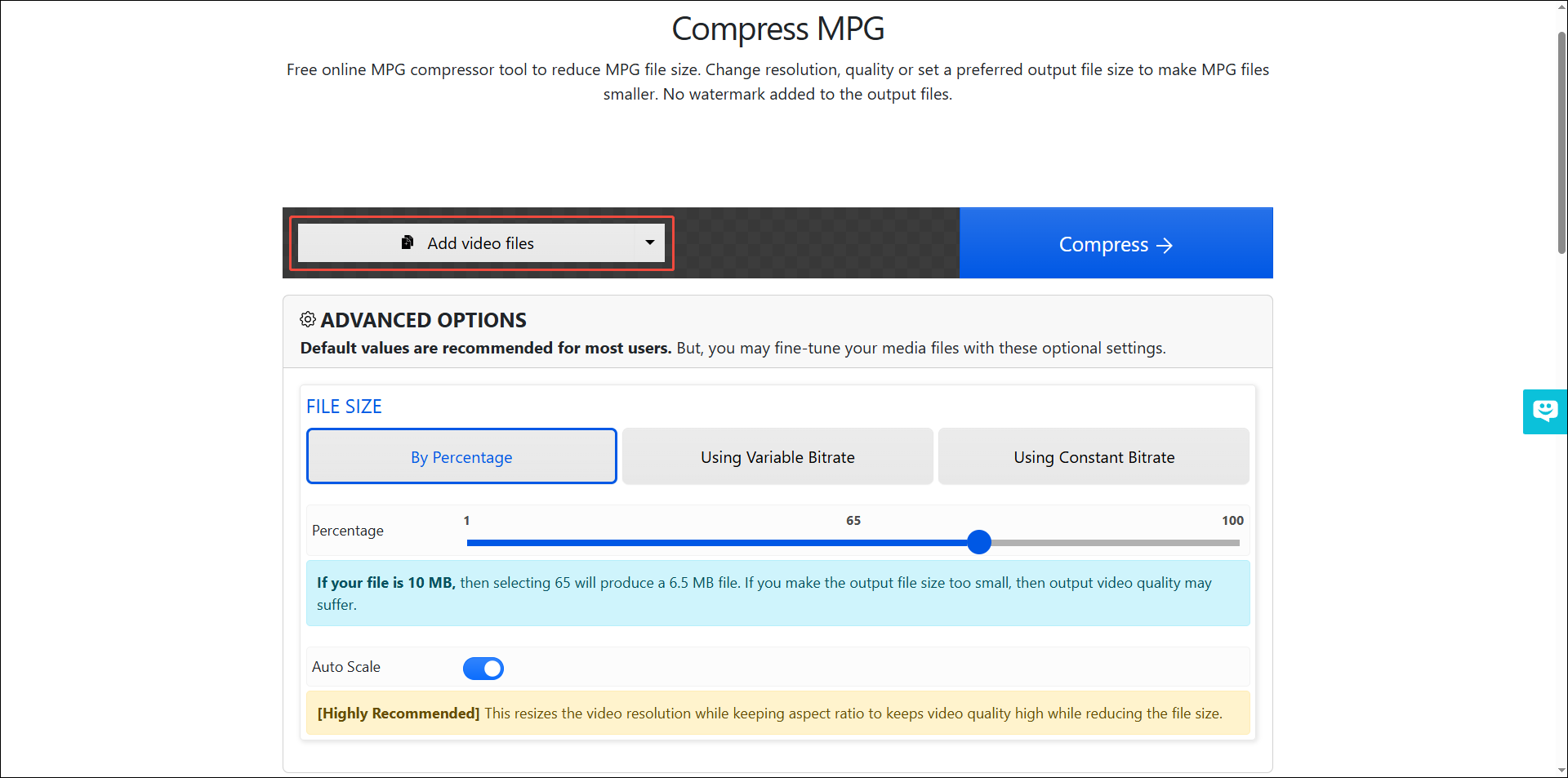 XConvert MPG compressor’s page with the Add video files option highlighted