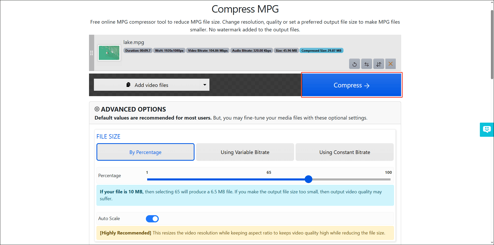 XConvert MPG compressor’s page with the Compress button highlighted