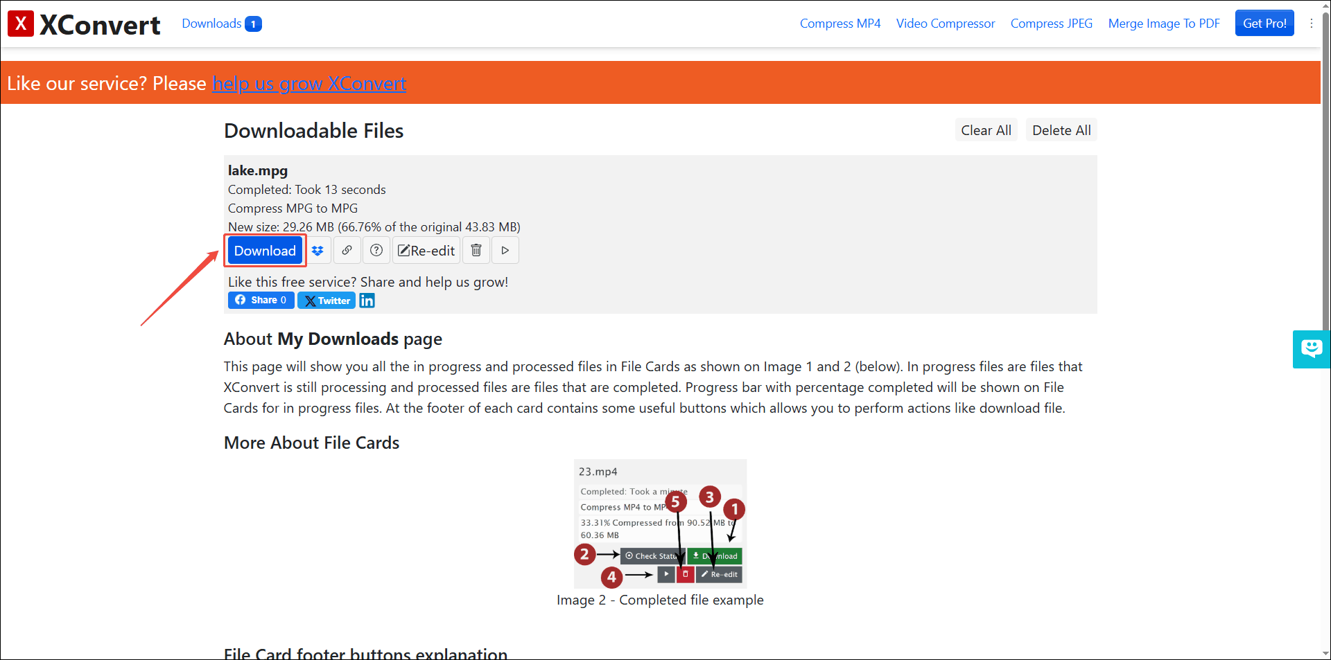 XConvert Downloadable Files’ page with the Download button highlighted