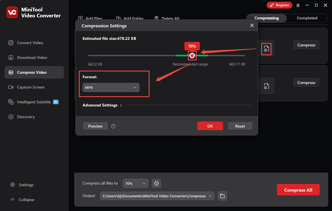 Specify the compression percentage and output format in the Compression Settings window of MiniTool Video Converter
