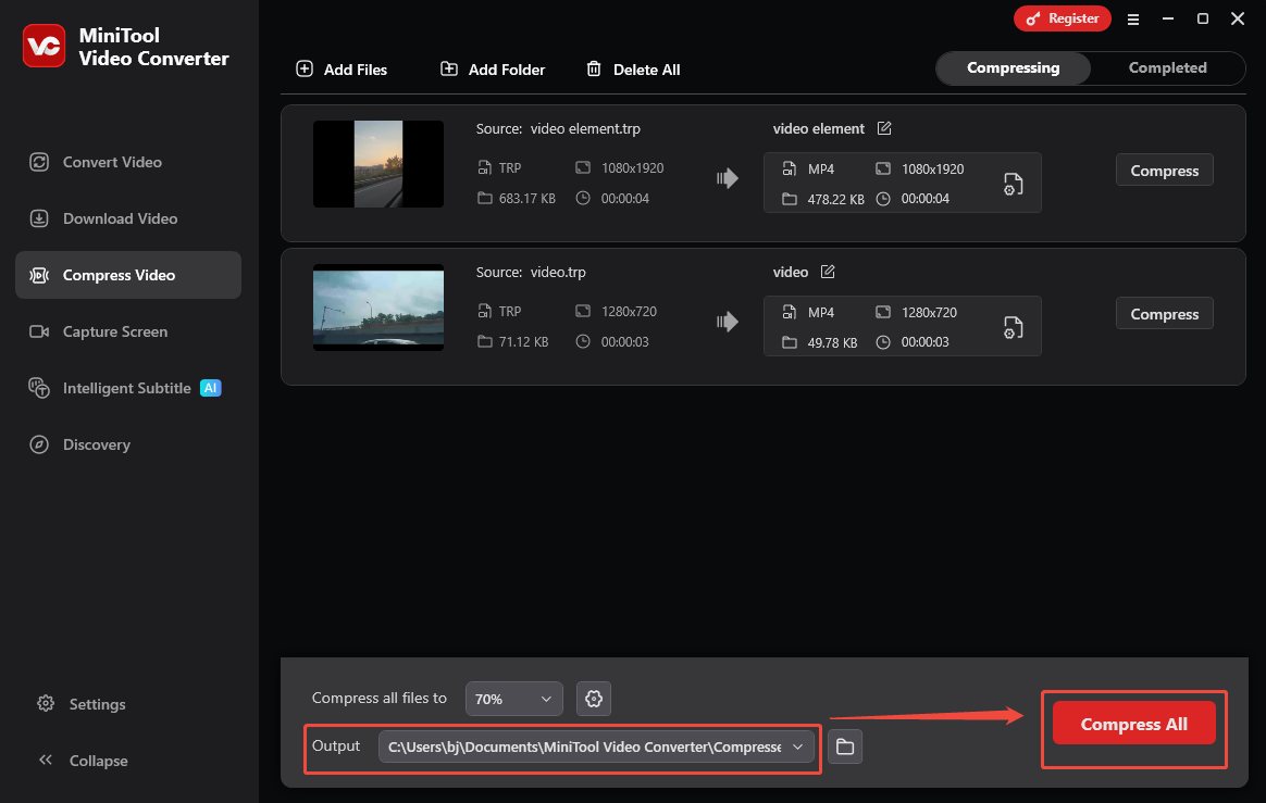 Expand the Output option to choose an output folder and click on Compress All in MiniTool Video Converter’s Compress Video tab to begin the compression process