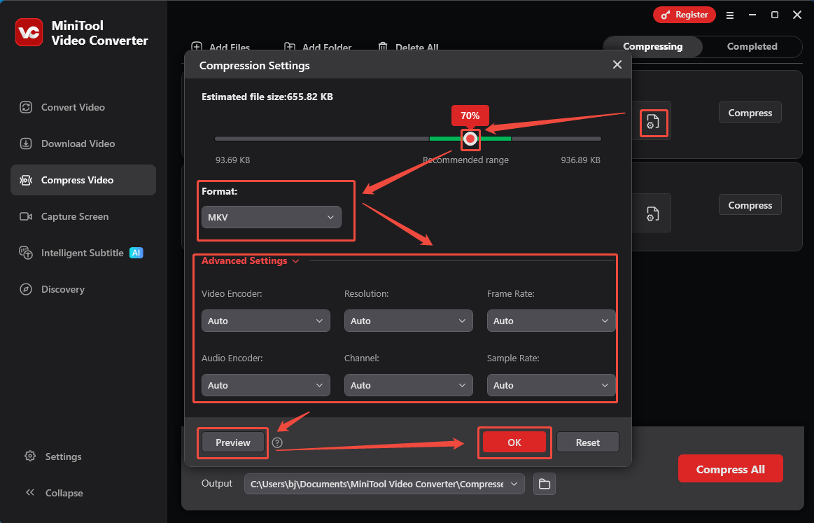 Configure the compression settings in the Compression Settings window of MiniTool Video Converter