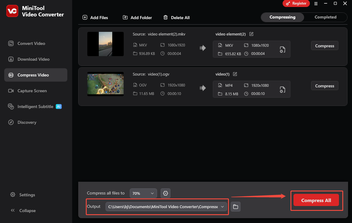 Expand the Output option and click on the Compress All button to begin the compression process