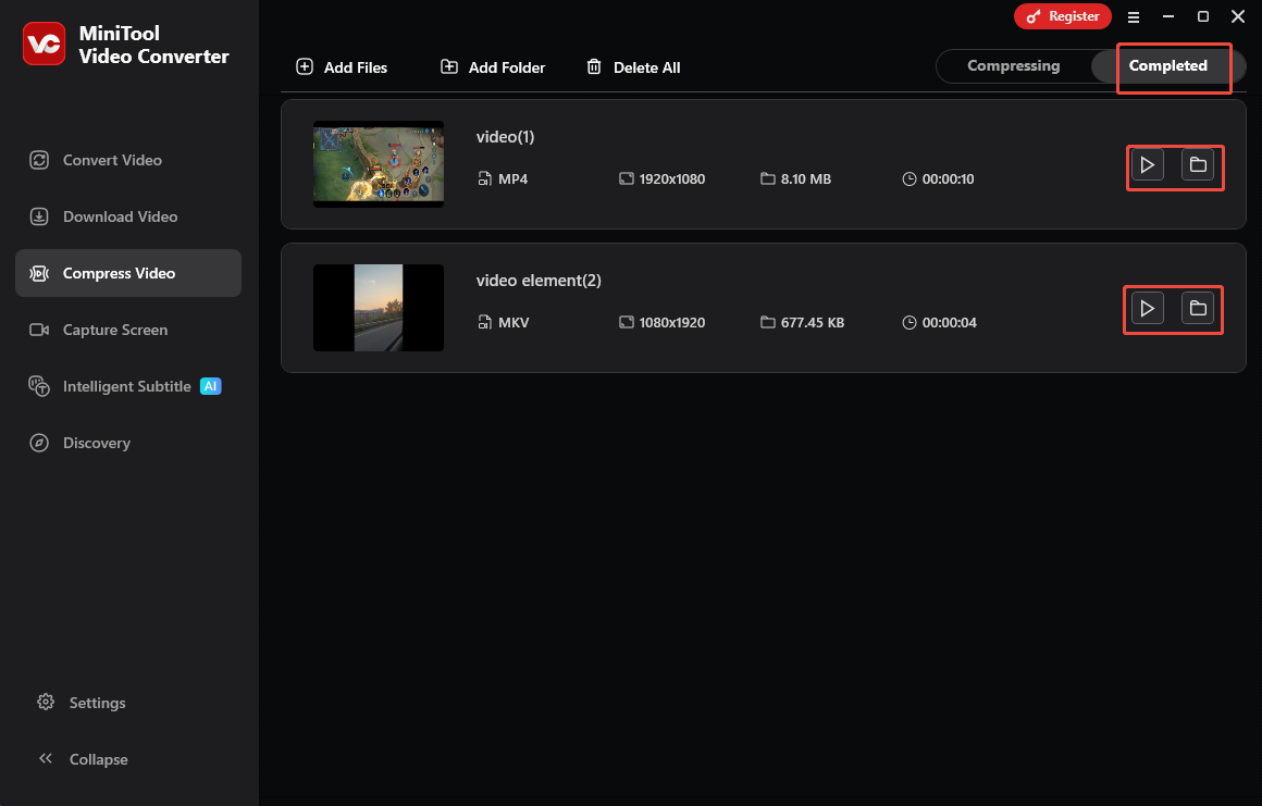 Click on the Play icon or the Folder icon in MiniTool Video Converter to view or locate the output files